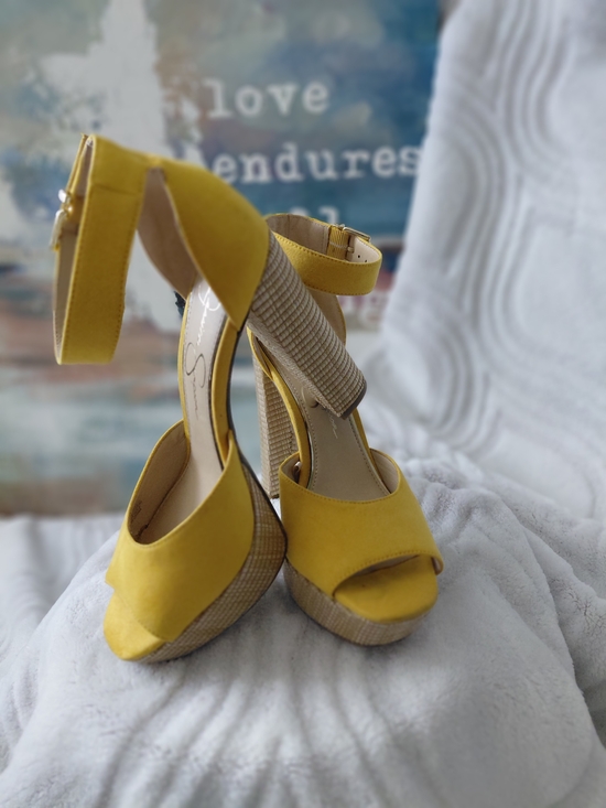 Jessica Simpson Shoes - Jessica Simpson Yellow Suede Platform Ankle-Strap Heels